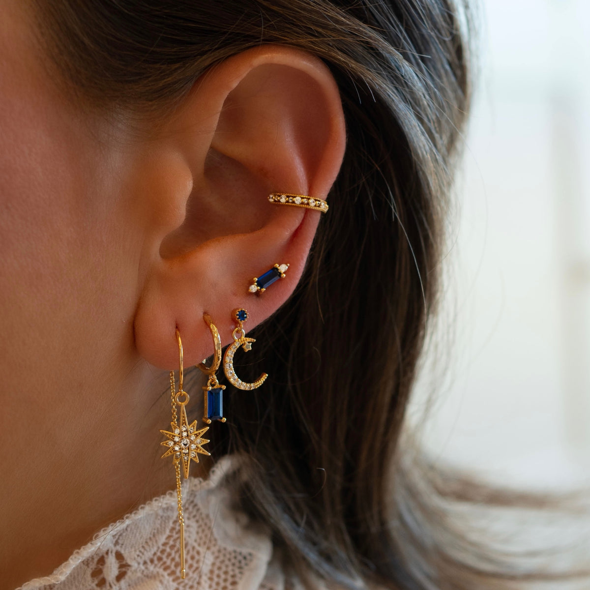 Sapphire Moon And Star Earpin