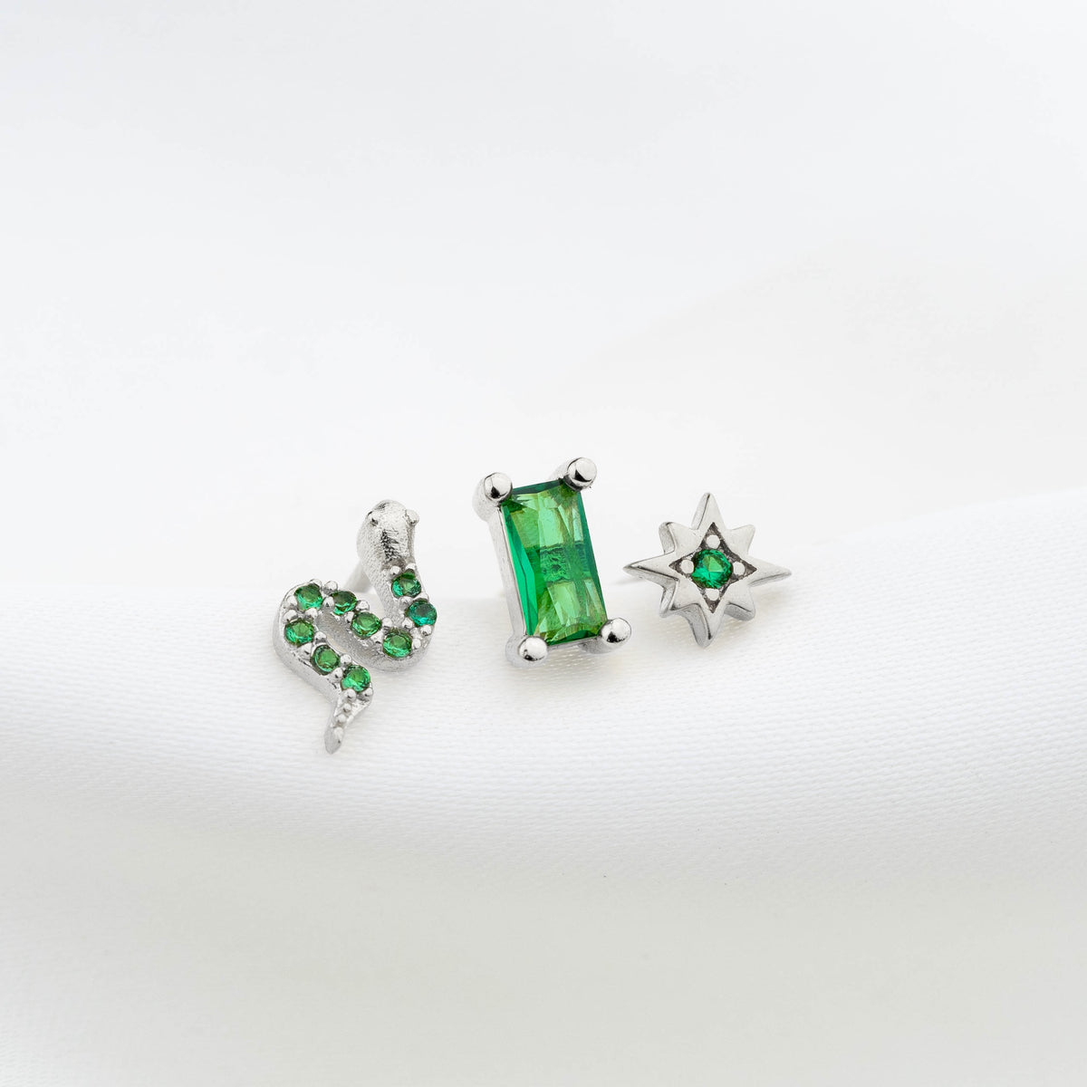 Silver Delicate Emerald Studs Set