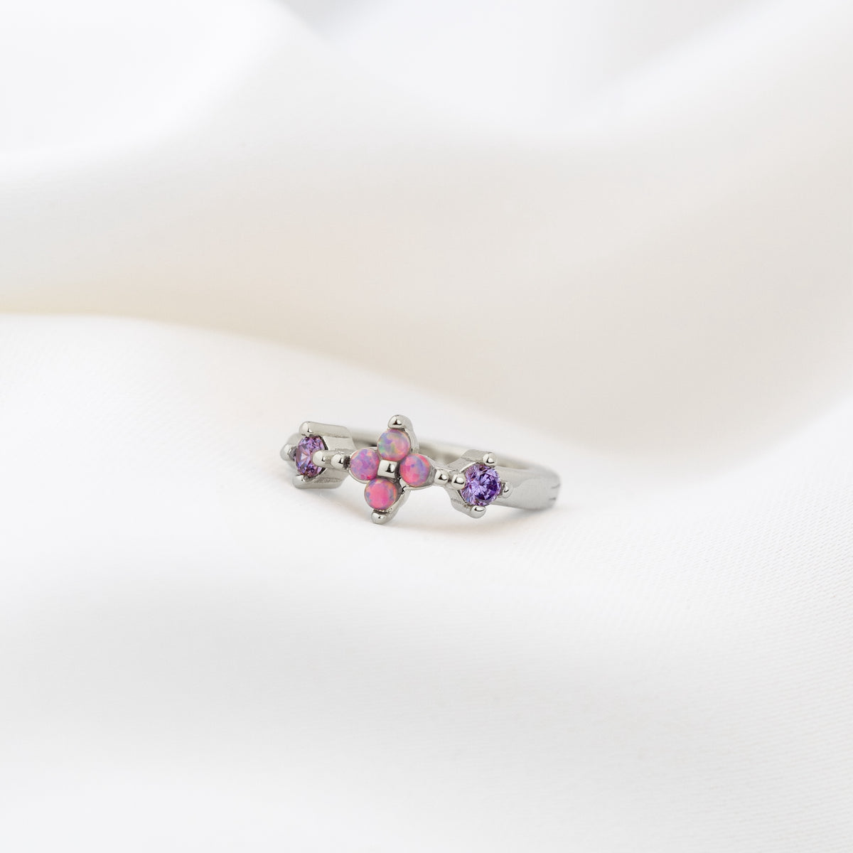 Silver Purple Opal Blossom Hoop