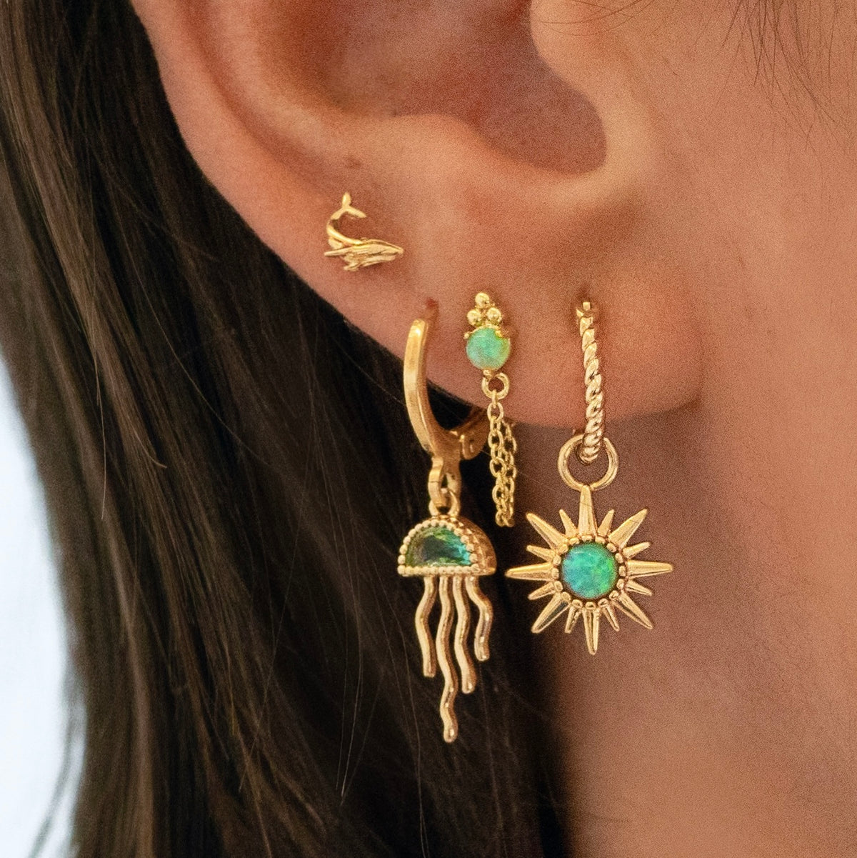 Silver Bohemian Green Opal Sun Earring