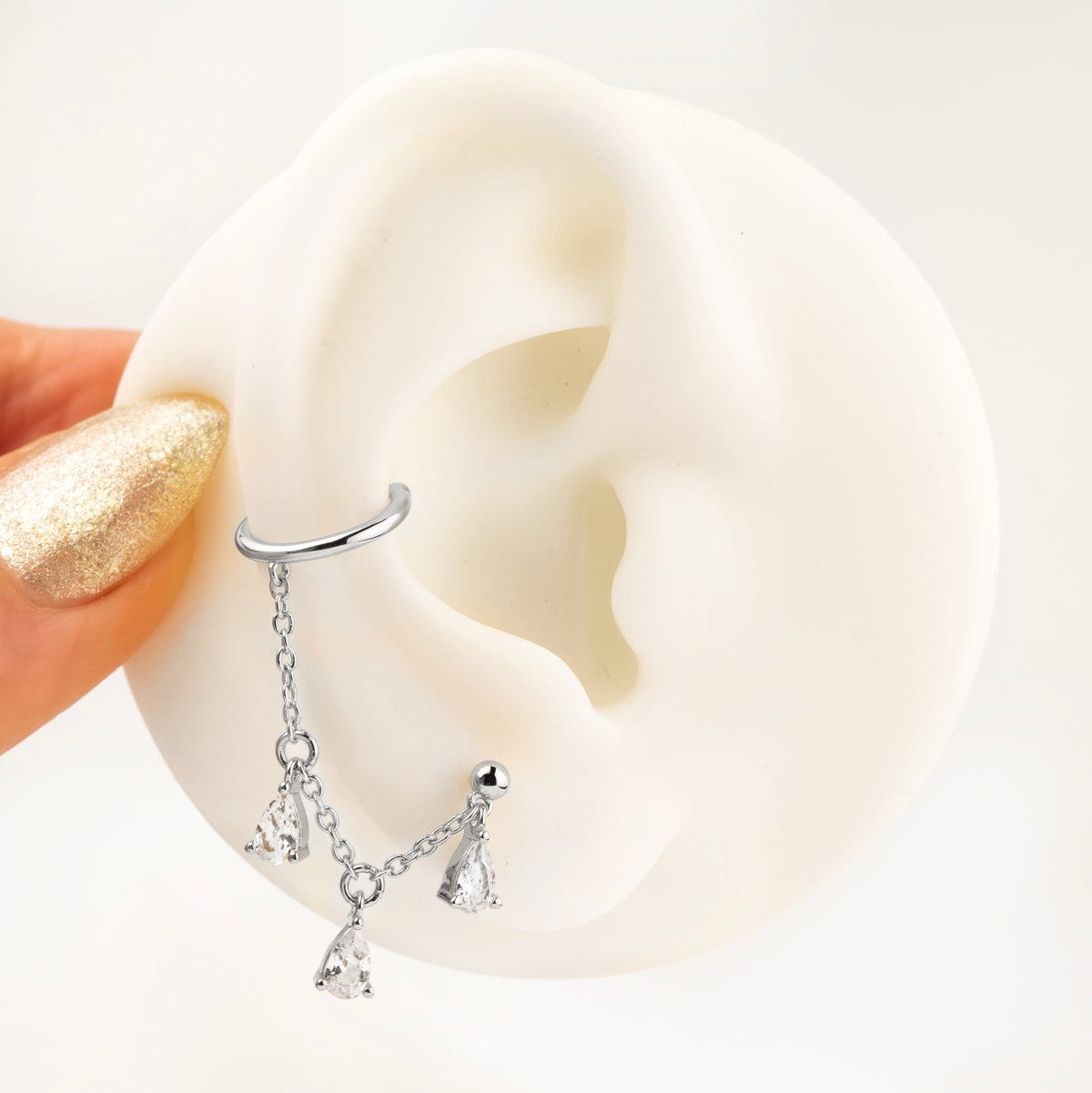 Silver Triple Diamond Chain Earpin with Earcuff