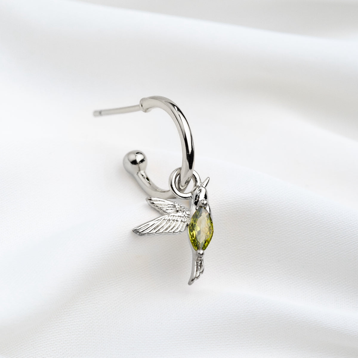 Silver Gleaming Peridot Hummingbird Earring