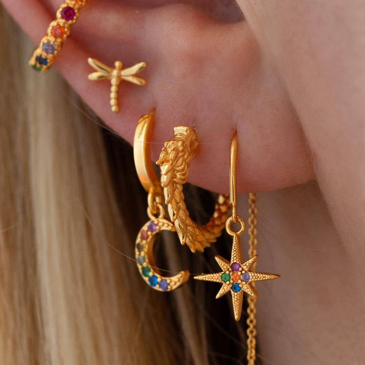 Silver Rainbow Moon Earring