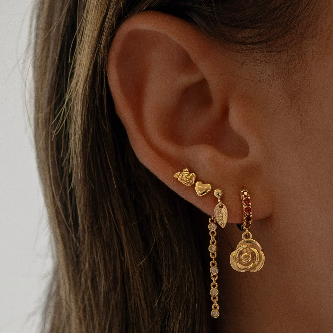 Golden Rose Garnet Hoop Earring