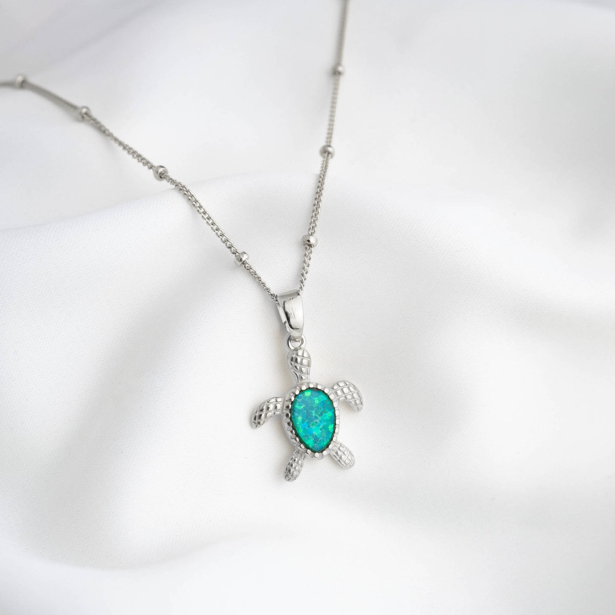 Silver Bohemian Green Opal Turtle Necklace