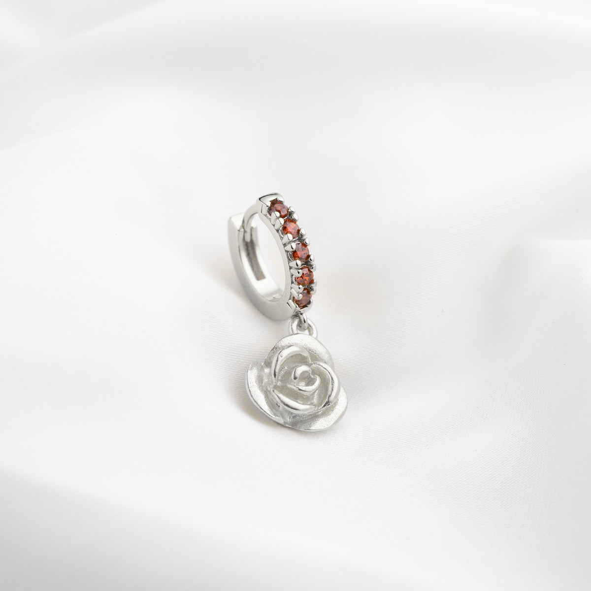 Silver Rose Garnet Hoop Earring