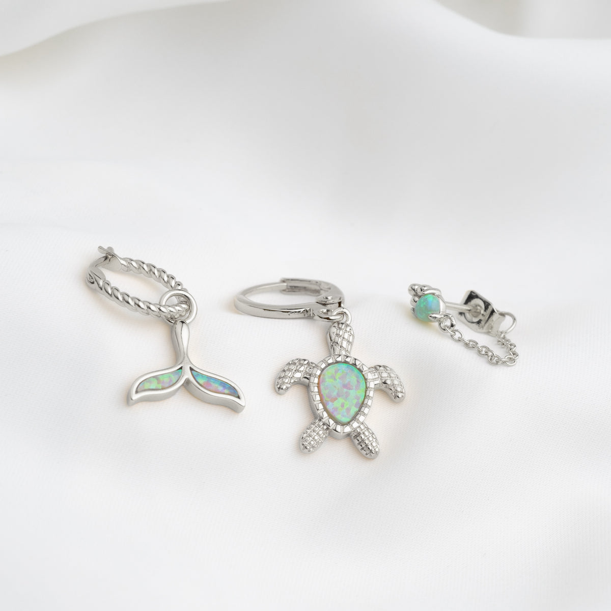 Silver Green Opal Whale Tail Earring