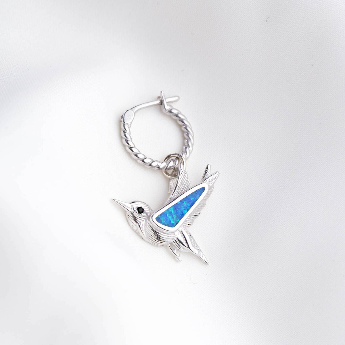 Silver Bohemian Blue Opal Hummingbird Earring