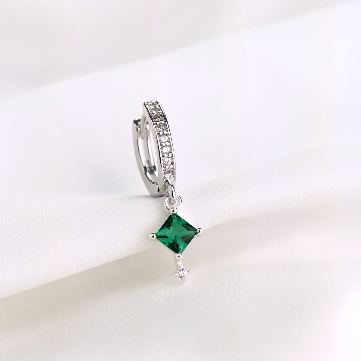 Silver Cubic Emerald Sparkling Hoop Earring