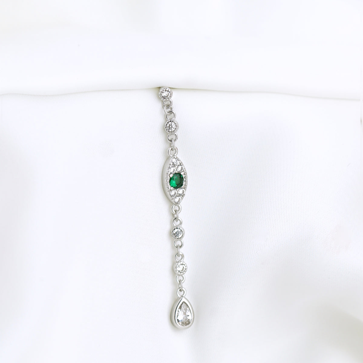 Silver Emerald Evil Eye Chain Earpin