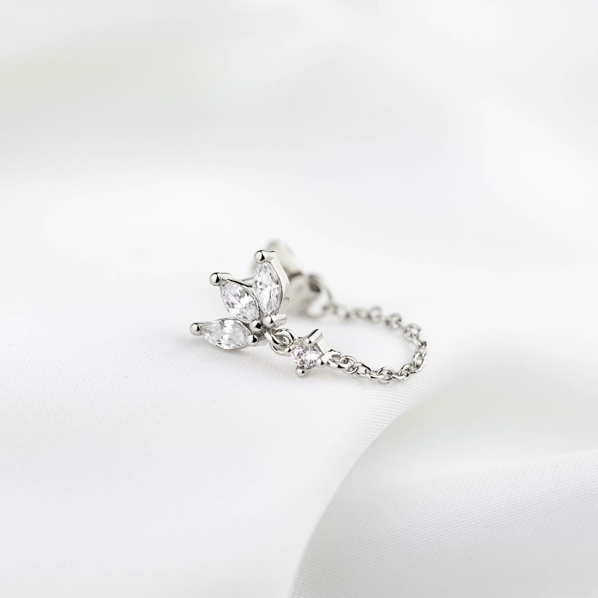 Silver Diamond Floral Chain Earpin