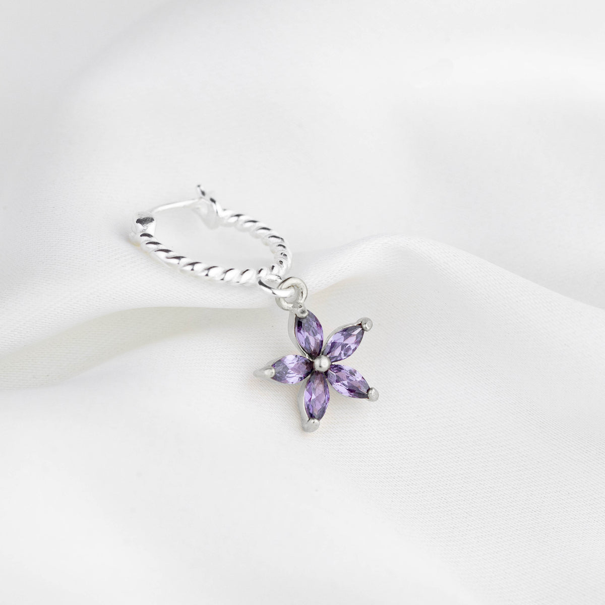 Silver Purple Diamond Flower Twisted Hoop