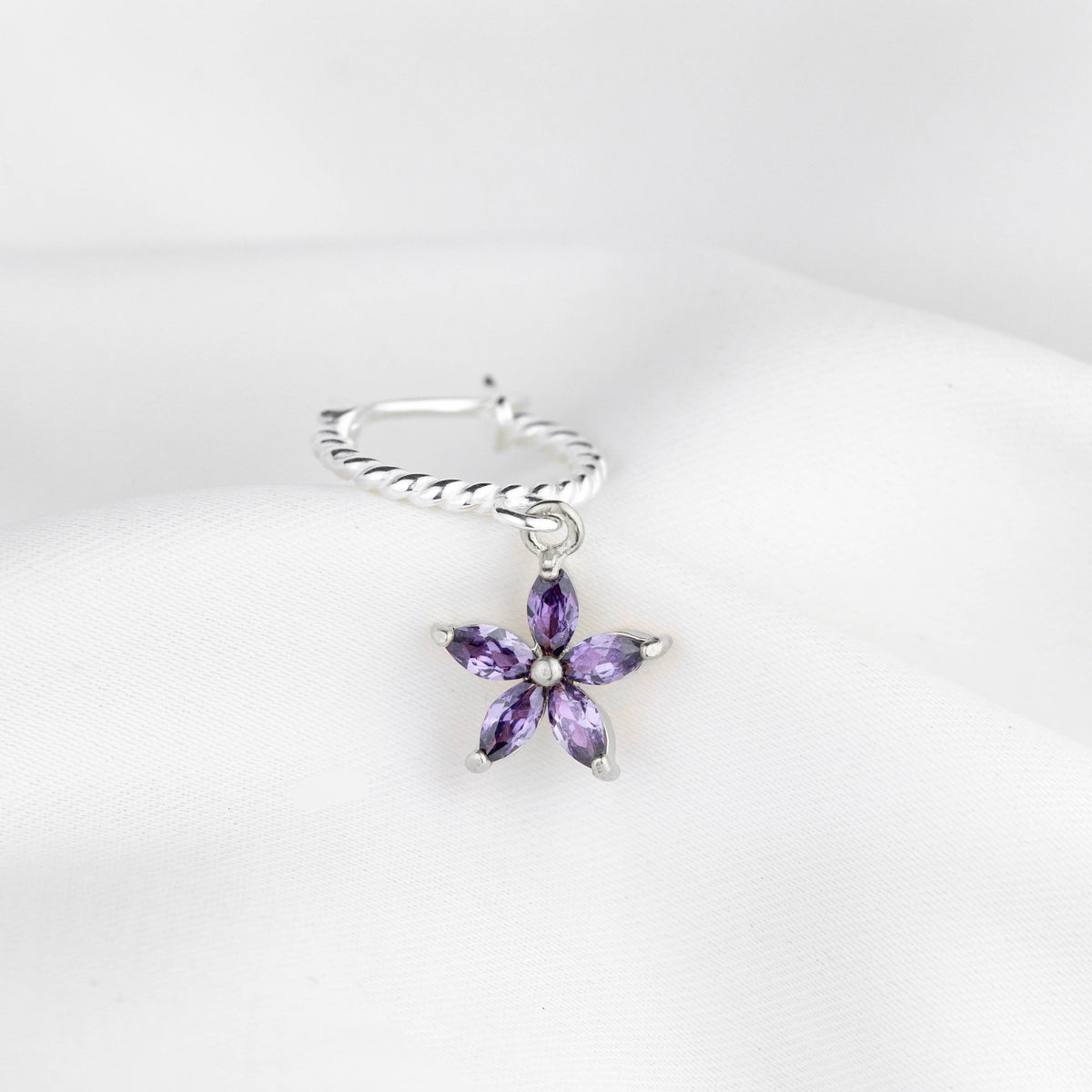 Silver Purple Diamond Flower Twisted Hoop
