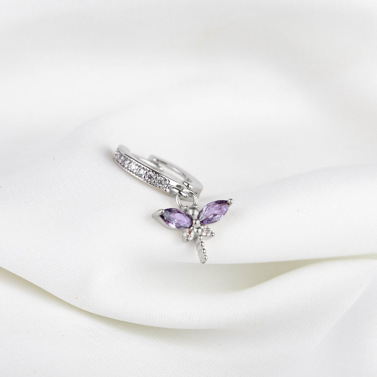 Silver Purple Dragonfly Earring