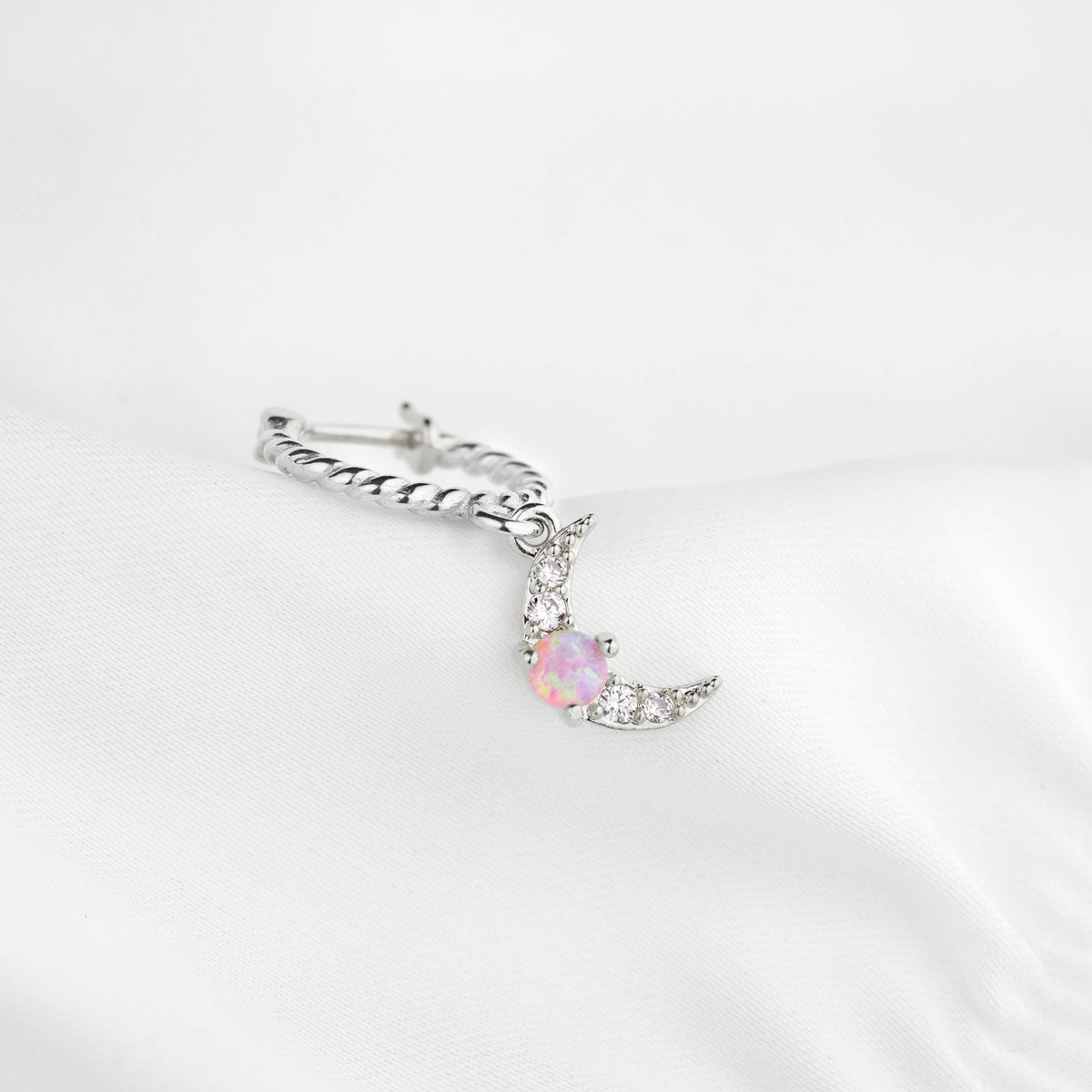 Silver Small Pink Opal Moon Earring