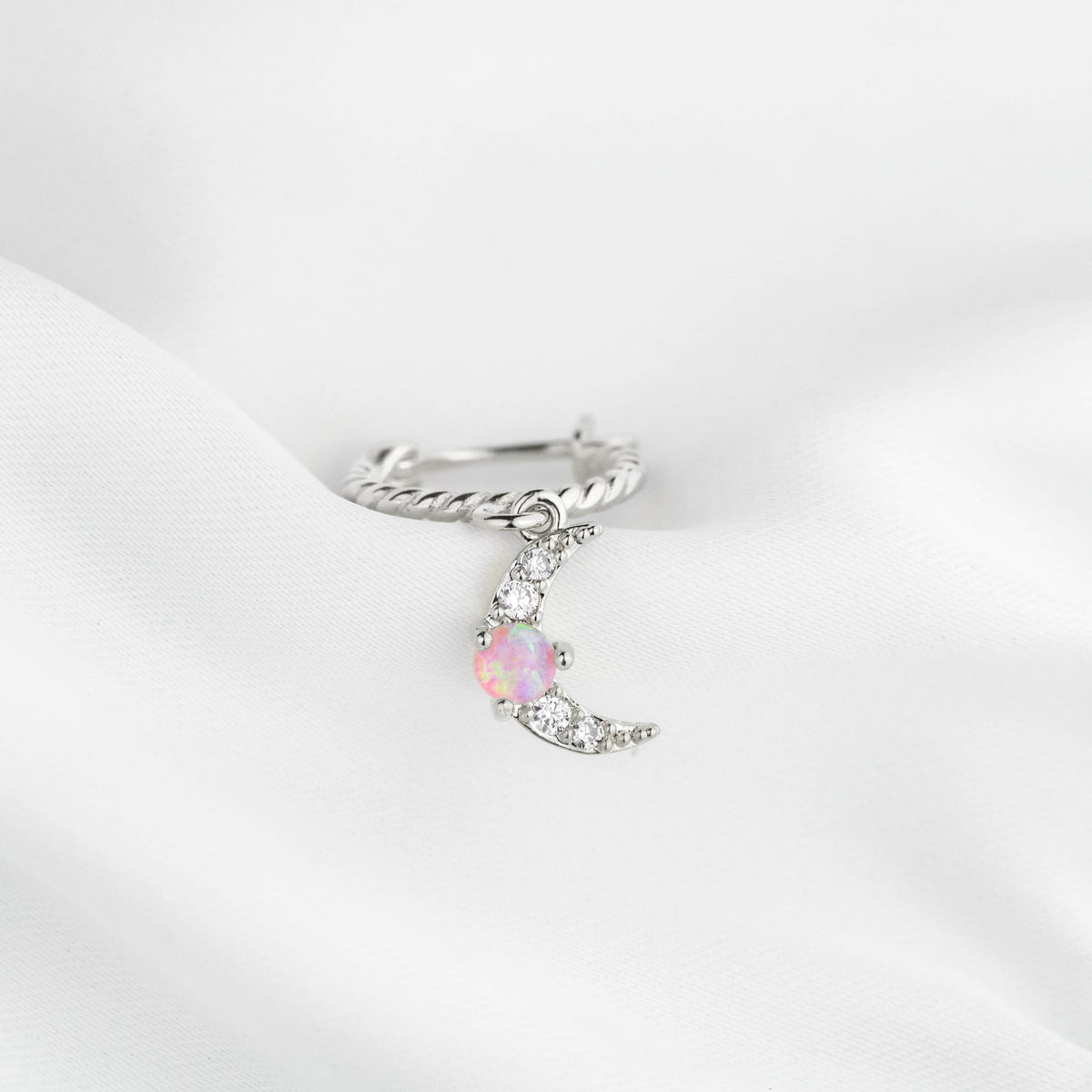 Silver Small Pink Opal Moon Earring
